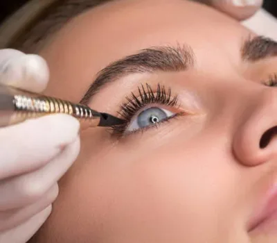 Permanent eye makeup close up shot. Cosmetologist applying tattooing of eyes. Makeup eyeliner procedure